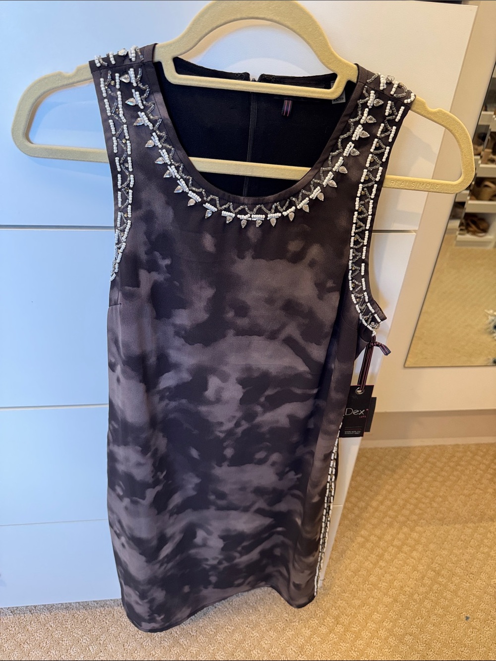 Dex Sleeveless Embellished Shift Dress in Charcoal and Black